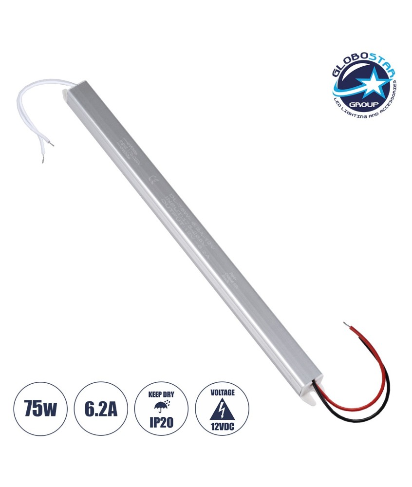 GLOBOSTAR® LUMISLIM 73025 Τροφοδοτικό-Μετασχηματιστής PELV 75W 6.25A DC 12V IP20 - AC 220-240V σε DC 12V - Μ31 x Π1.8 x Υ1.8cm - 3 Χρόνια Εγγύηση